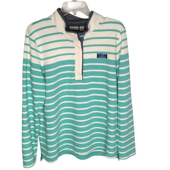 L.L.Bean Rugby Pullover Womens Large Green White Striped Henley Long Sleeve Top - Picture 1 of 16